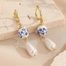 1 Pair Of Vintage Chinese Style Blue Floral Print Artificial Pearl Ceramic Pendant Earrings, Ceramic Earrings Are Suitable For Women's Daily Wear - 多色B - 查看 5