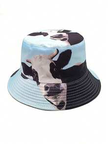 1pc Cute Cow Bucket Hat, Summer Sun Protection Hat, Versatile Daily Wear, Women's Hat, Reversible Hat - Blue - View 2