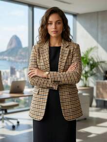 Women's Checkered Tweed Blazer, Casual Elegant Checkered Pattern With Buttons On The Front. - 棕色 - 查看 7
