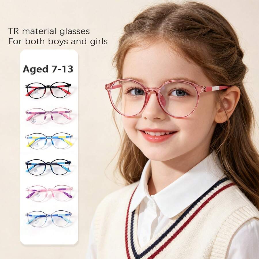 [1 pieza] Gafas decorativas de cristal ovalado sin receta para niños, estilo preppy, material TR, montura de gafas profesional, ultraligera, bloque de color, para niños y niñas, de 7 a 13 años, uso casual diario