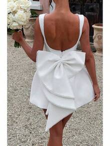 Women's Chic White Mini Dress With Oversized Bow And Pearl Trim, Sleeveless Square Neck A-Line Party Dress - 白色 - 查看 6