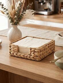 1pc Square Water Hyacinth Napkin Holder, Handwoven Wicker Napkin Basket, Rustic Tabletop Napkin Tray For Kitchen, Dining Room & Restaurant, Natural Farmhouse Decorative Tissue Organizer, Boho Decor, Handmade, Compact Multipurpose, - Brown - View 3
