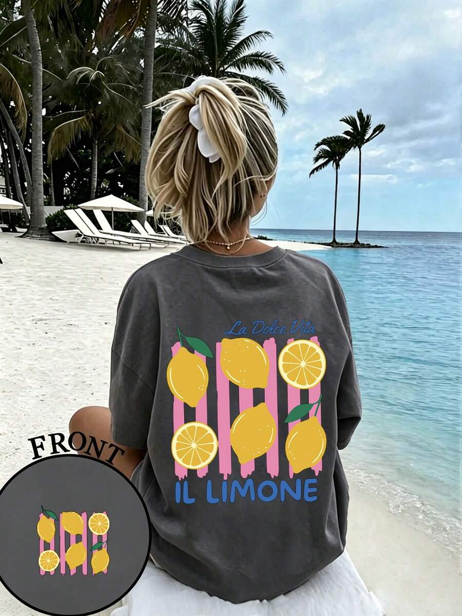 青少年女孩度假風印花T恤，適合旅行與度假穿著，時尚春夏休閒百搭上衣