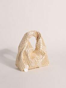 SCULPTEDSTYLE BAGS 1件貝殼片亮片裝飾流蘇女款波波手提包 時尚杏色緞面底網格手編手工美人魚亮片網編手提包 夏季海灘旅行度假泳池派對多場景適用 (由雲母貝殼片製成，天然裂紋、雜質和缺陷屬正常現象) - 杏色 - 查看 5