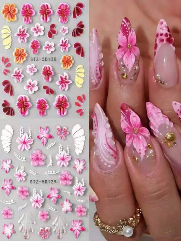 1/2 Sheet 5D 3D Pink Flower Nail Stickers, Embossed Texture, Layered Petals, Self-Adhesive Design For Easy Application Without Curling, Suitable For Nude, Pink And Other Nail Base Colors, Easily Create A Gentle And Romantic Spring/Summer Vibe, Perfect For Daily Commute Or Date Occasions, Instantly Add Sweetness And Exquisiteness To Your Fingertips, Beginner-Friendly, Achieve Professional Salon-Quality Results