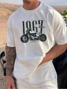 Camiseta de manga corta casual de verano para hombres con estampado de motocicleta y letras - Blanco - Ver 1