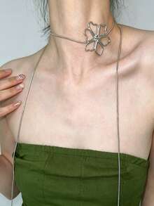 Long Metal Texture High-End European & American Style Floral Pendant, Minimalist Elegant Design, Multi-Way Wear Long Necklace - Flowers - View 7
