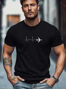 Camiseta vintage para hombre con diseño de avión, manga corta, color liso, cuello redondo, corte cómodo, ideal para pilotos y aficionados a la aviación. - Negro - Ver 1