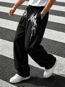 HOMIIE Men's Black Joggers Elastic Waist Drawstring Wide Leg Tracksuit,Flame Letter Print Y2K Streetwear Casual Daily, Great For Back To School - Black - View 6