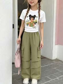 Tween Girls' Cartoon Graphic Print Short Sleeve Top And Cargo Pants Set - White - View 1