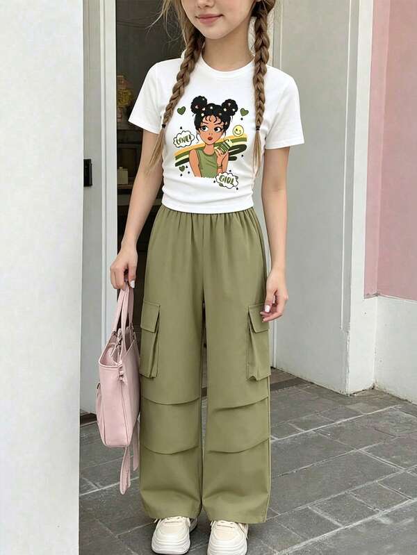 女童卡通图案印花短袖上衣和工装裤套装