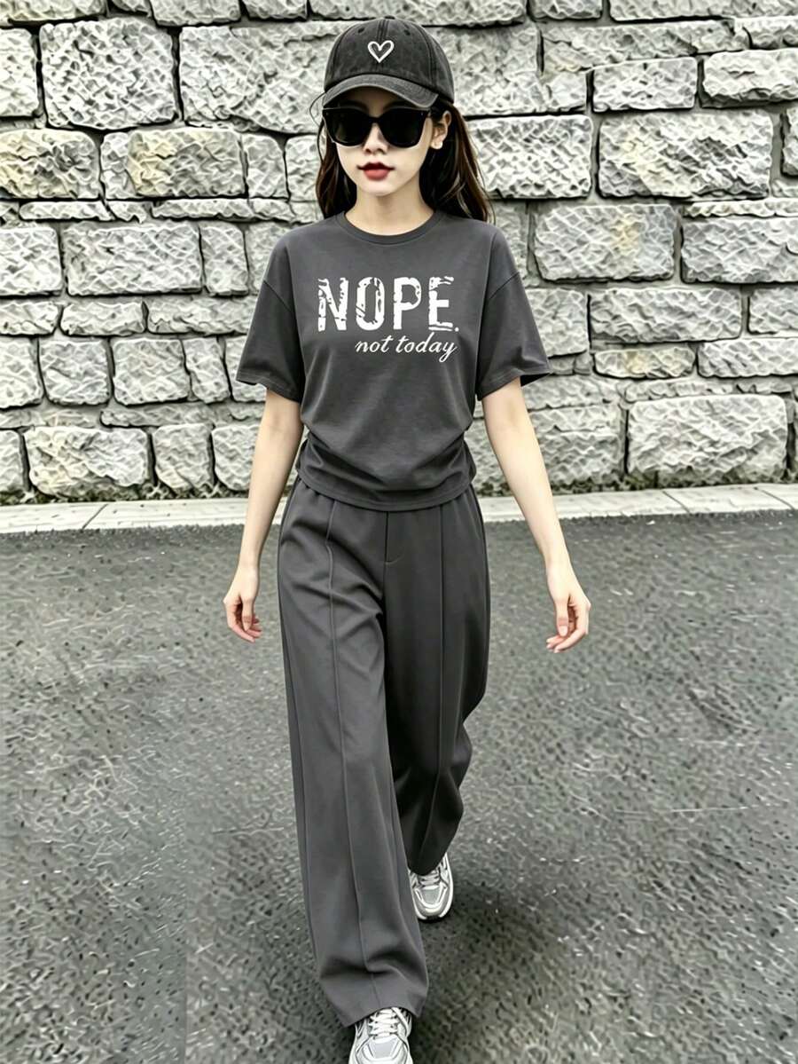 少女字母印花短袖T恤和裤子休闲套装 - 深灰色 - 查看 1