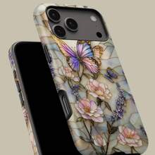 Stained Glass Butterfly & Flowers Design Phone Case For IPhone 11-17,  S21-S25 - 淺灰色 - 查看 5