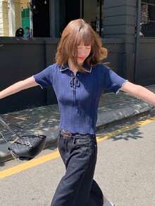 女士修身撞色短袖针织上衣，夏季 - 藍色 - 查看 8