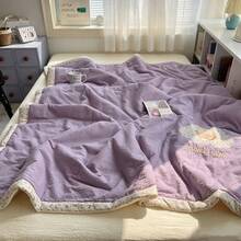 1 pieza Edredón delgado con ribete floral, estilo patchwork, edredón de aire acondicionado de verano, ropa de cama acolchada, estilo pastoral lindo, diseño de encaje suave & cómodo, adecuado para dormitorio, habitación, apartamento, primavera y verano, funda de almohada no incluida - Morado - Ver 4