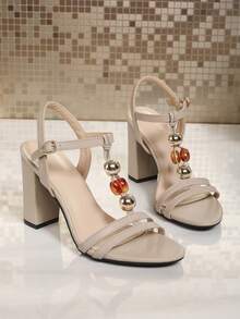 Sandalias de punta abierta con cuentas minimalistas 2026 nuevo estilo tacón grueso sandalias de moda versátiles cómodas y elegantes - Albaricoque - Ver 10