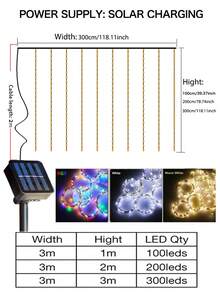 3M Solar Powered LED Curtain Lights 100LED/200LED/300LED Copper Wire String Lights Outdoor Waterproof 8 Modes Solar Fairy Lights Suitable For Garden Window Wall Halloween Party Wedding Holiday Christmas Background Decoration - Solar - View 11