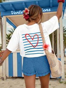 Elegantes Damenmode-T-Shirt für Frühling/Sommer mit Rundhalsausschnitt, vielseitigem Design und einzigartigem gestreiftem Herz-Graffiti-Druck auf beiden Seiten, bequemes und hautfreundliches Freizeit-T-Shirt - Weiss - Übersicht 3