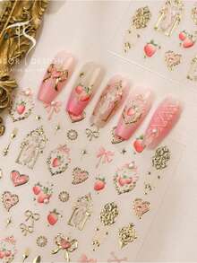 5D Embossed Summer Strawberry Coquette Nail Stickers, Gold Foil Angel Frame & Heart Bow Self-Adhesive Nail Decals, Victorian Sweet Aesthetic DIY Manicure Decoration For Home Salon Nail Art & Press On Nails Accessories 1 Sheet - Pink - View 8