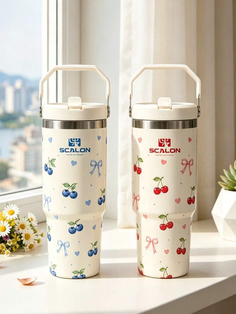 1個 30oz/900ML SCALON 藍莓圖案大容量保溫隨行杯,附手把與吸管,相容汽車杯架,返校季適用 - 彩色 - 查看 1