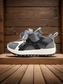 1 Pair Baby Walking Shoes, Casual Versatile Kids Sports Shoes, Fashion Leather Patchwork Breathable Mesh Design, Suitable For Summer - Grey - View 4