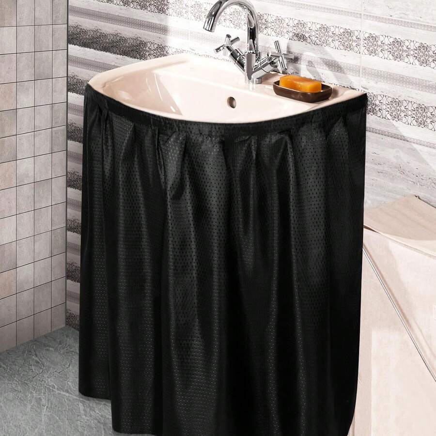 Windkream Fabric Sink Skirt Diamond Bathroom Stitch Self Stick Adhesive Waterproof Fabric Under Sink Curtain Skirt 55 X 32 Inch Adds Bathroom Storage(Black,Classic Style) - ColorA - View 1
