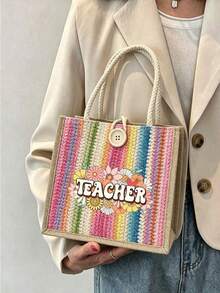 "Best Teacher" Floral Letter Print Linen Tote Bag, Reusable Printed Shopping Bag, Suitable For Commuting And Back To School - Multicolor - View 11