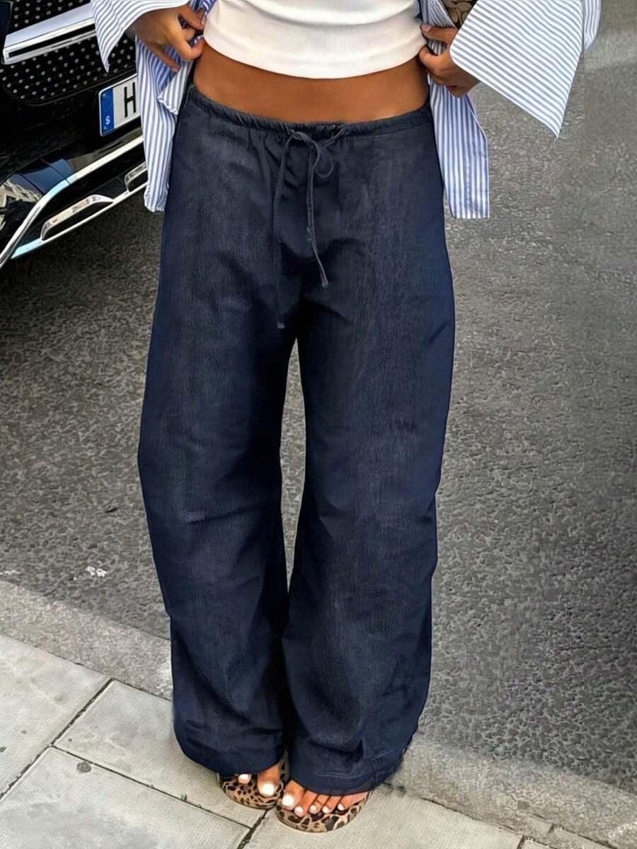 Pantalones anchos de lino para mujer, cintura elástica con cordón, sueltos y relajados, informales, ligeros y transpirables, para verano - Azul profundo 2 - Ver 1