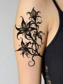 1pc Dark Gothic Black-Grey Thorn Lily Vine Pattern Temporary Tattoo Sticker, Realistic Fake Tattoo Design, Suitable For Travel, Music Festivals, Gaming, Graduation Gifts, Lasts 3-5 Days - Black - View 5