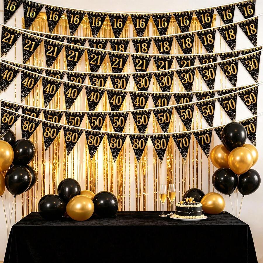 Schwarz-goldene Geburtstags-Wimpelkette, schwarz-goldene Dreiecks-Fahnen-Girlande mit 16., 18., 21., 30., 40., 50., 60., 70., 80. Geburtstags-Zahlen-Muster, schwarz-goldene hängende Wimpel-Dekoration für Erwachsenen-Geburtstag, Ruhestand, Jubiläums-Party-Zubehör