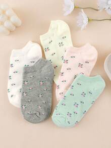 5 Pares de Meias Invisíveis Tipo Barco Femininas com Estampa de Pequenas Rosas Florais, Design Simples, Adequadas para Uso Diário e de Verão - Multicolorido - Visão 4