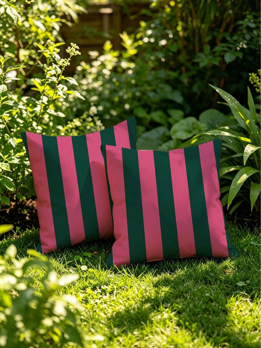 2pcs Pink & Green Striped Throw Pillow Set, Super Soft Decorative Cushion Covers For Patio, Terrace And Sofa (Pillow Inserts Not Included) - Multicolor - View 1