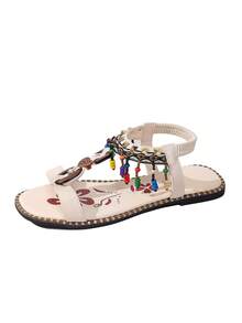 Women's White Bohemian Style Colorful Beaded Thong Sandals With Back Strap, Flat Vacation Beach Shoes - White - View 8