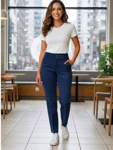 Women's Twill Pants With Front Crease And Elastane - Navy Blue - View 4