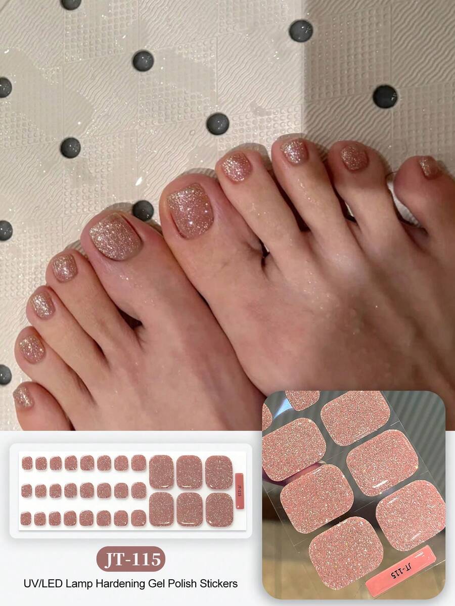 Cross-Border New Semi-Cured Gel Toe Nail Stickers, Glitter Shiny Design, In Stock Wholesale, Waterproof And Long-Lasting