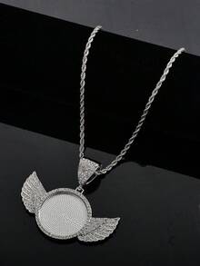 1pc Icy Angel Wing Photo Frame Pendant Necklace With Miami Cuban Chain, Rhinestone-Studded Angel Wing Custom Photo Cuban Link Necklace For Men, Shiny Statement Jewelry For Hip Hop Lovers, Commemorative Keepsake Jewelry, Can Put Your Favorite Photo - Fashion Angel Wings Photo Frame - View 12