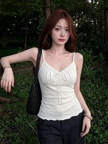 新款女款春夏極簡性感蕾絲飾邊綁帶細肩帶背心，性感成熟風微收腰顯瘦內搭上衣，白色 - 白色 - 查看 9