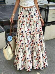 Women's Autumn Vacation Pastoral Floral Maxi Skirt, Commute Daily, Spring Summer Outing, Drawstring Decor - Apricot - View 4