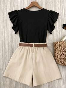 Women's Autumn Outfit, Spring/Autumn 2 Pieces Set, Black Top With Ruffle Sleeves + Apricot Skort With Diagonal Texture, Elegant Mature Style Summer - Black - View 3