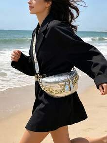 女款鱷魚紋腰包附金屬鍊條，可調節寬肩帶斜跨胸包，復古單肩腰包適用於日常與旅行 - 銀色 - 查看 6
