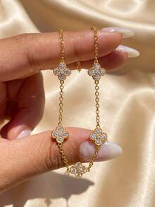 1 pieza Pulsera de trébol de cuatro hojas de plata de ley 925, uso diario y regalo para fiestas de las mujeres, diseño original, joyería fina y encantadora de estilo vintage - Pulsera de la suerte con cinco flores - Ver 3