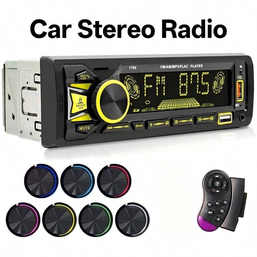 1-DIN 汽車收音機，快速充電 & USB/SD/Aux-In，7色背光LCD顯示螢幕，適用於12V汽車，相容於智慧型手機/平板電腦