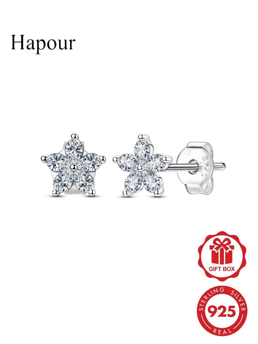 1 Pair Flower Moissanite Earrings Original 925 Sterling Silver Five ...