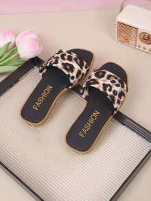1 Paar Mädchen Leoparden Muster Einriemen Sandalen, weiche rutschfeste Flache Pantoffeln, Casual Strandschuhe für den Sommer - Schwarz - Übersicht 3