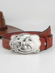 1pc Party Style Vintage Horse Buckle, Rivet Embossed PU Men's Belt, Suitable For Valentine's Day Gift - Red - View 5