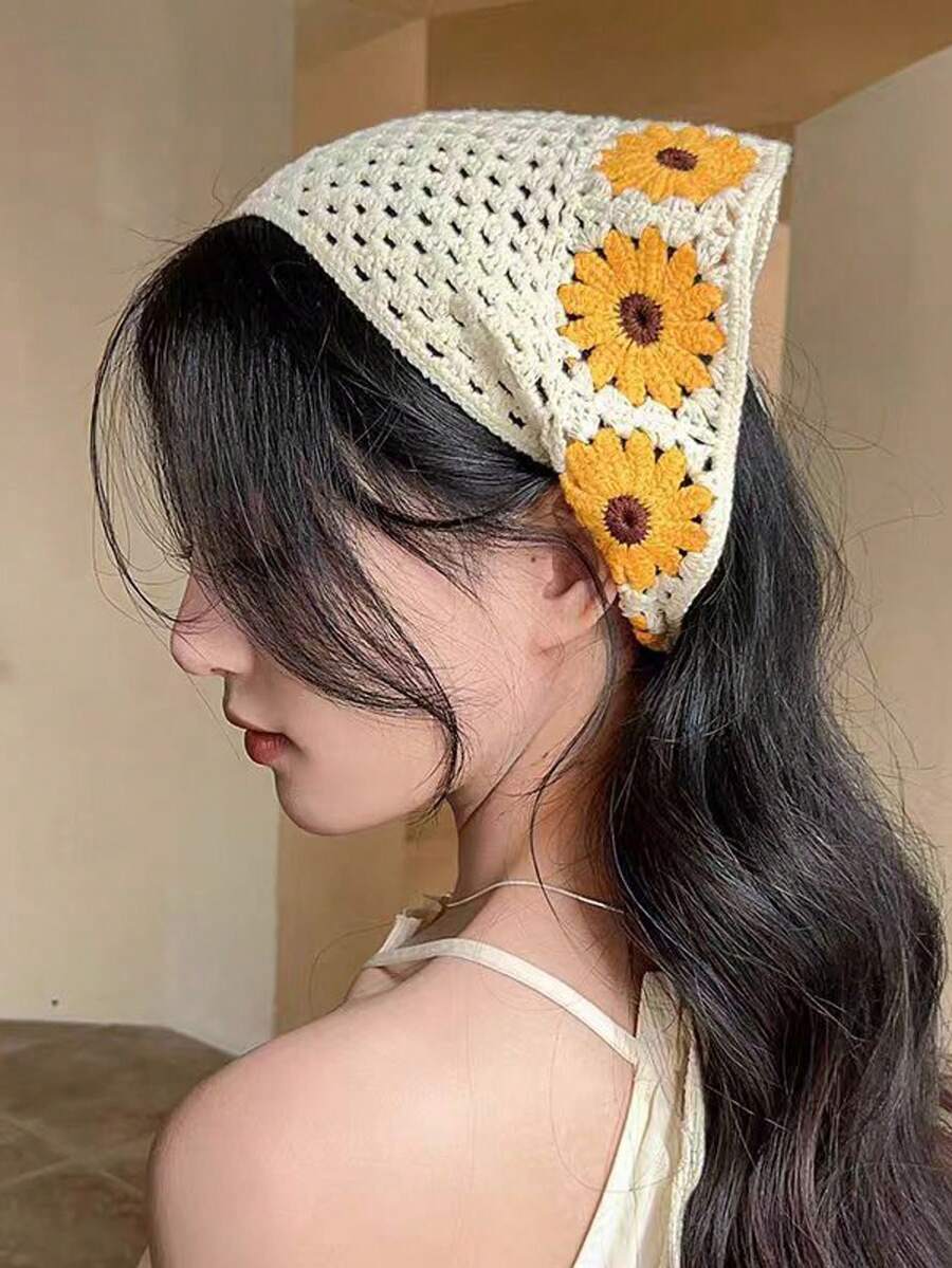 1pc Women Beige Floral Knitted Hollow Flower Headband, Suitable For Daily Wear, Sports, Beach, Vacation Matching Summer Hair Accessories Beach Scarf Vacay Bandanas - Yellow - View 1