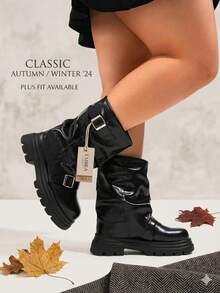 Women's Wide Fit Plus Size Thick Sole Mid-Calf Boots, Autumn/Winter Cross Lace-Up Boots, Punk Style Wide Shaft Leather Belt Buckle Inner Zipper Boots - Black - View 3
