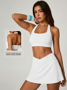 NcmRyu Conjunto deportivo de top sin espalda y minifalda de unicolor para mujer - Blanco - Ver 1