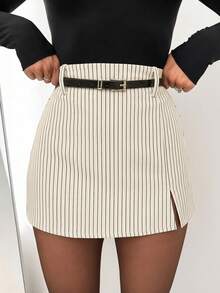 女款優雅條紋開衩極簡百搭裙褲（附腰帶）夏季 - 杏色 - 查看 7