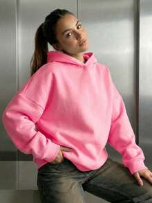 Minimalist Style Women's Comfortable Loose Long Solid Color Sweatshirt Sweatshirt, Suitable For Winter And Spring, Essential For Daily Wear Pink - Pink - View 7
